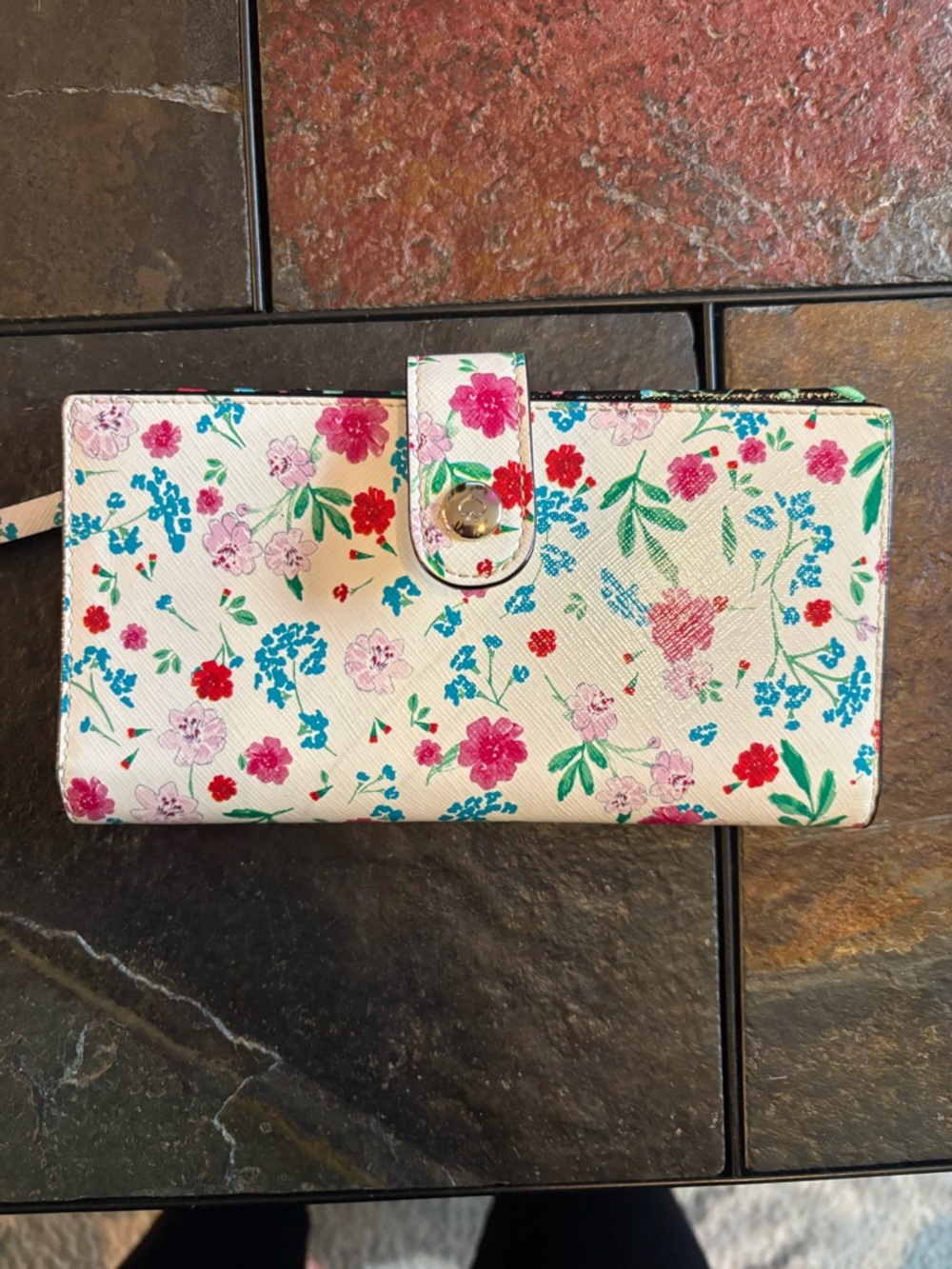 kate spade Cream Floral Snap Wallet with Pink, Red & Blue Flowers